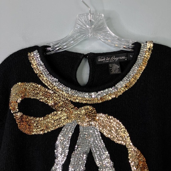 Vtg Work In Progress Sequin Bow Silk Angora Blend Black Holiday Sweater Sz 14/16 - Picture 11 of 17